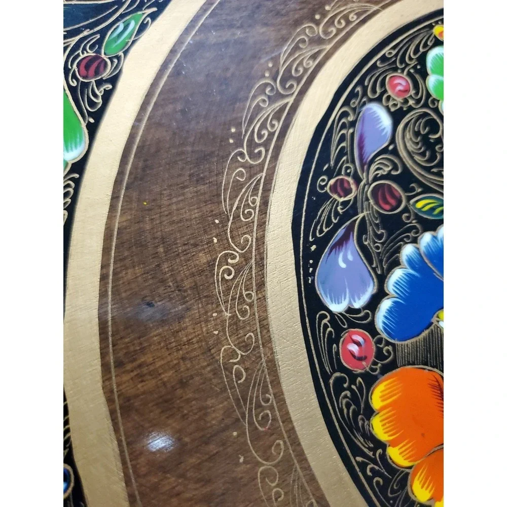 Vtg Mexico Batea Wood Hang Decor Serving Tray Handles Handpainted Bright Flowers